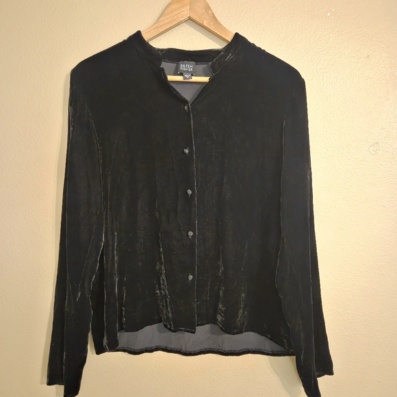 Eileen Fisher Tops - EILEEN FISHER Black‎ Silk Blend Velvet Mandarin Collar Button Front Blouse SZ S